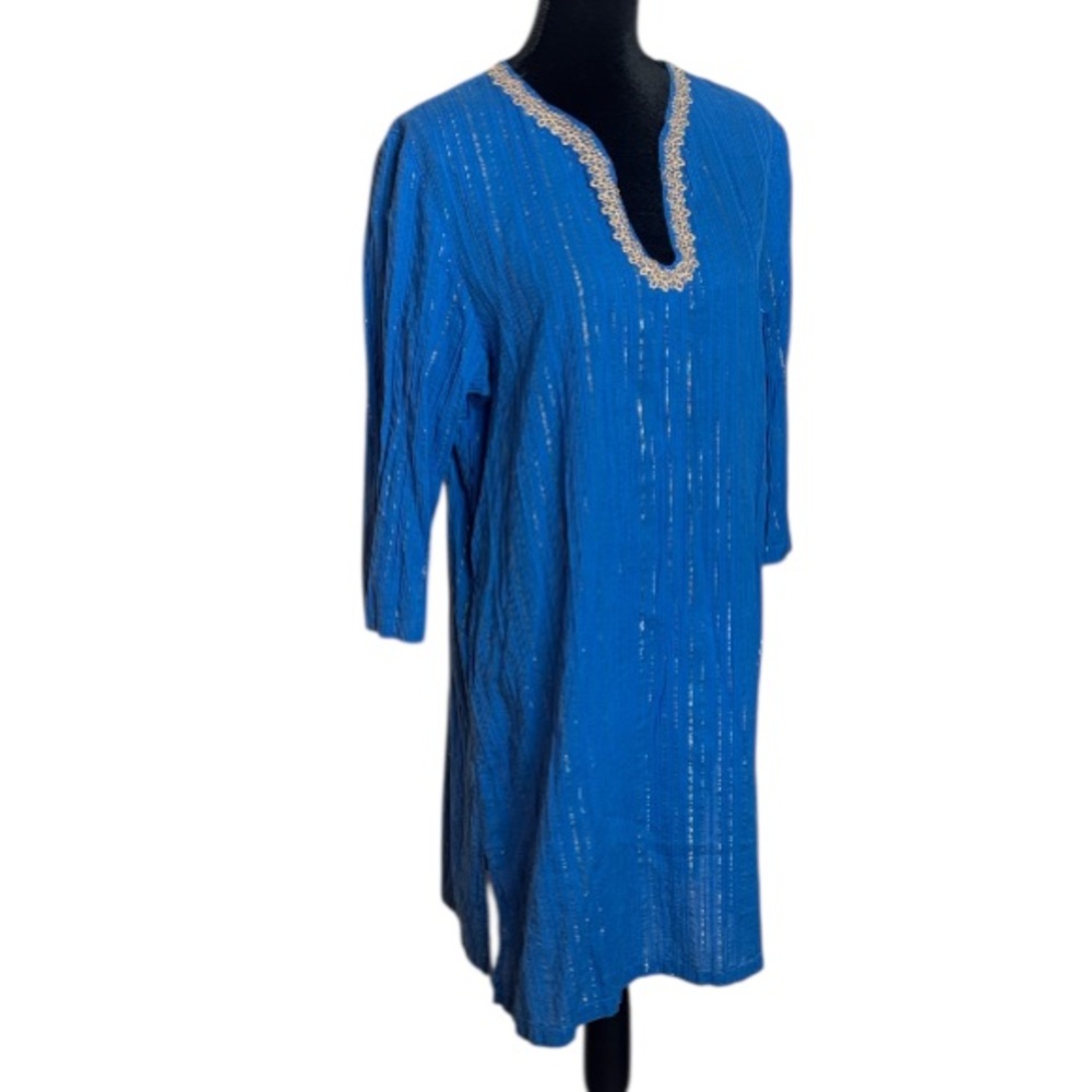#459 (Lilly Pulitzer) “Esme” Lurex Crinkle Crepe Tunic Dress in Blue & Gold - XL - Picture 7 of 14